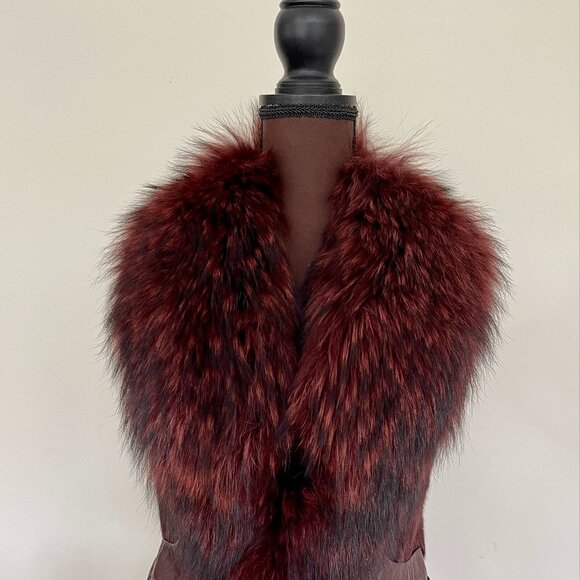 NWOT Burgundy Brown Leather Vest Real Fox Fur S size - Picture 14 of 16